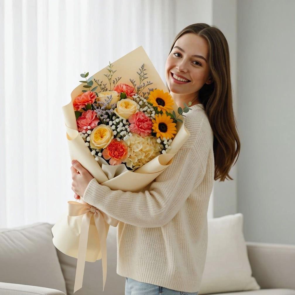 Elegant Combo of White Classic Cake & Mixed Flower Bouquet held by a model, view 1