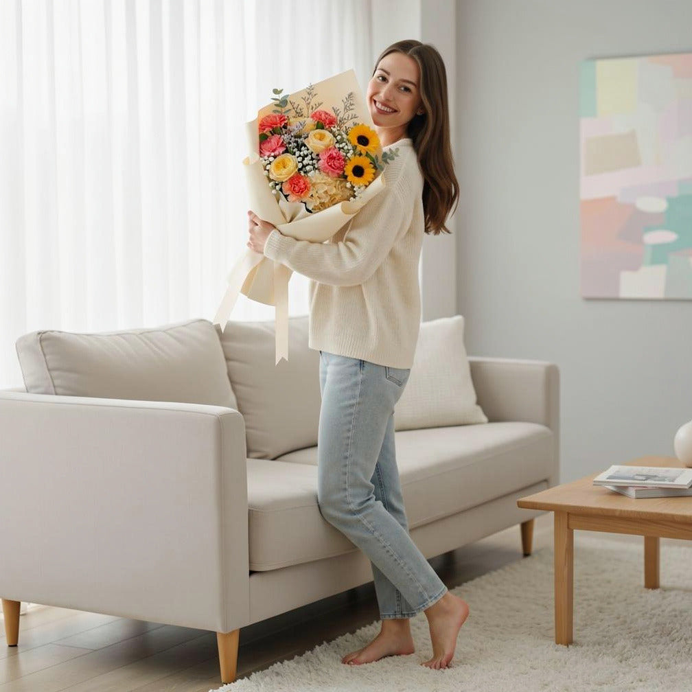 Elegant Combo of White Classic Cake & Mixed Flower Bouquet held by a model, view 2
