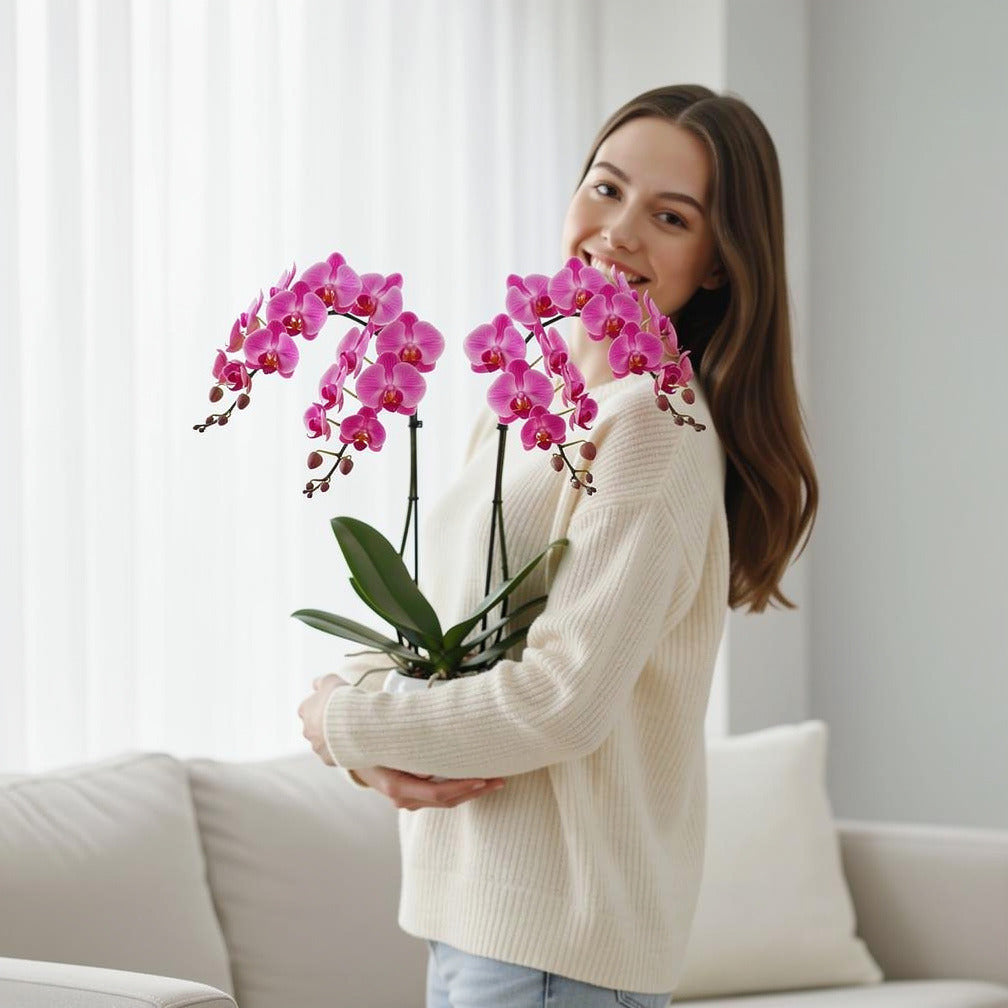 Elegant Duo Purple Orchids held by a model, view 1