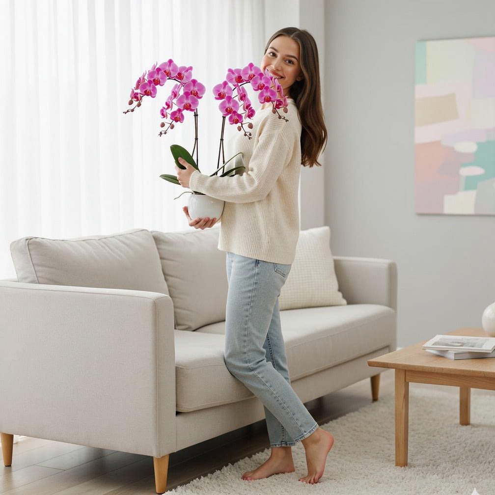 Elegant Duo Purple Orchids held by a model, view 2