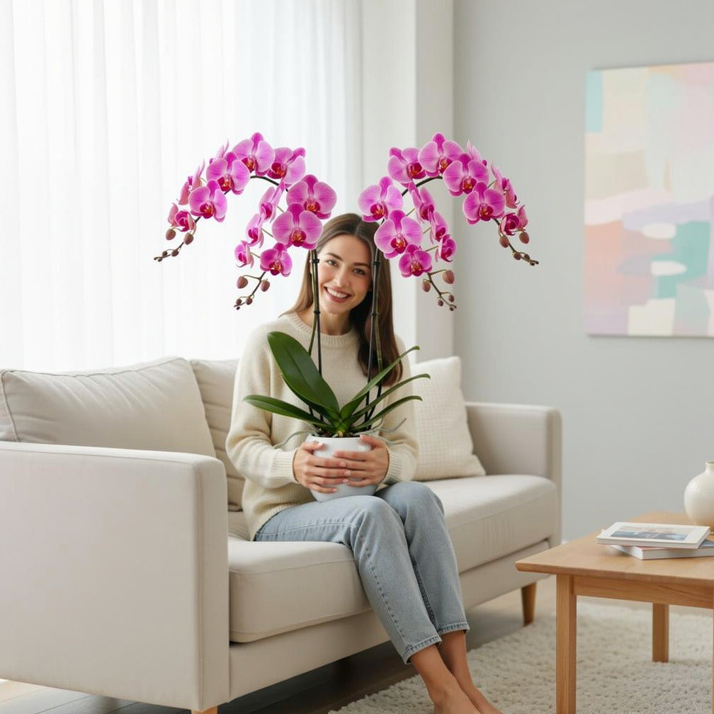 Elegant Duo Purple Orchids held by a model, view 3