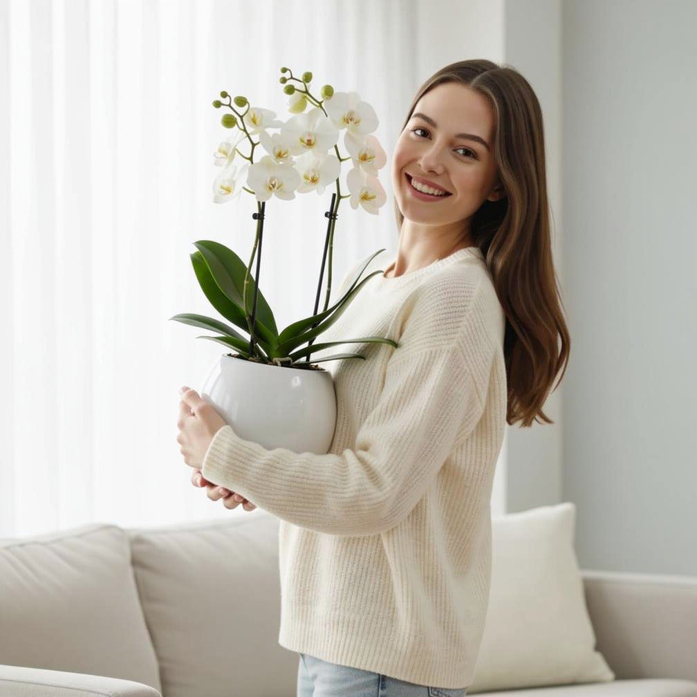 Elegant Duo White Orchids held by a model, view 1