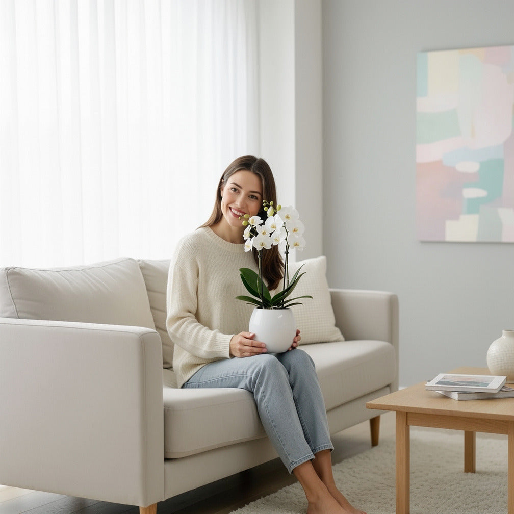 Elegant Duo White Orchids held by a model, view 3