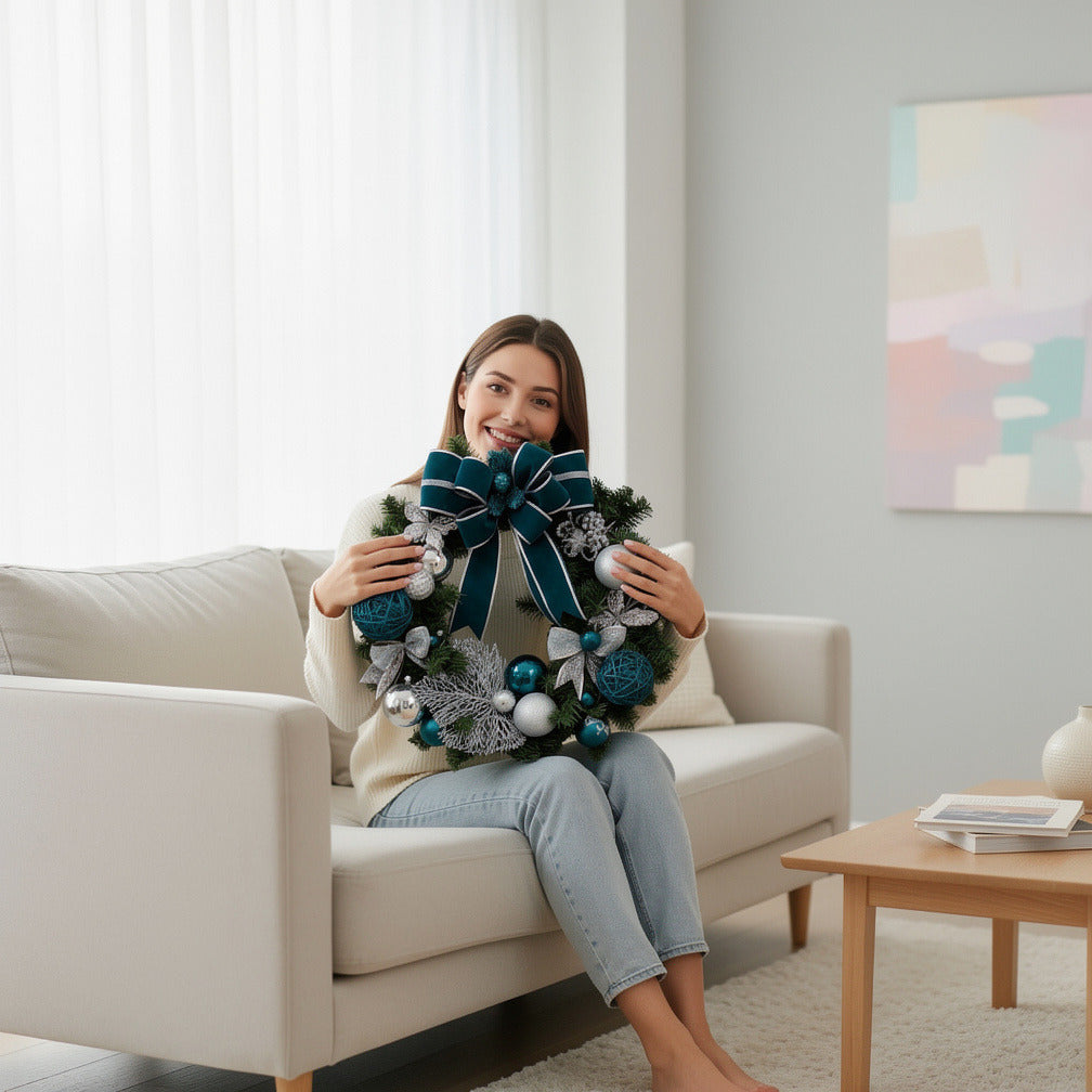 Elegant Green & Silver Christmas Wreath held by a model, view 3