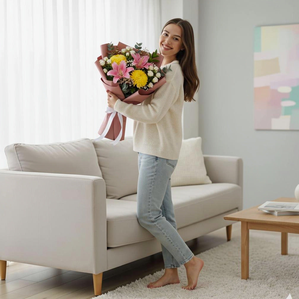 Elegant Pink Lily & Yellow Chrysanthemum Bouquet held by a model, view 2