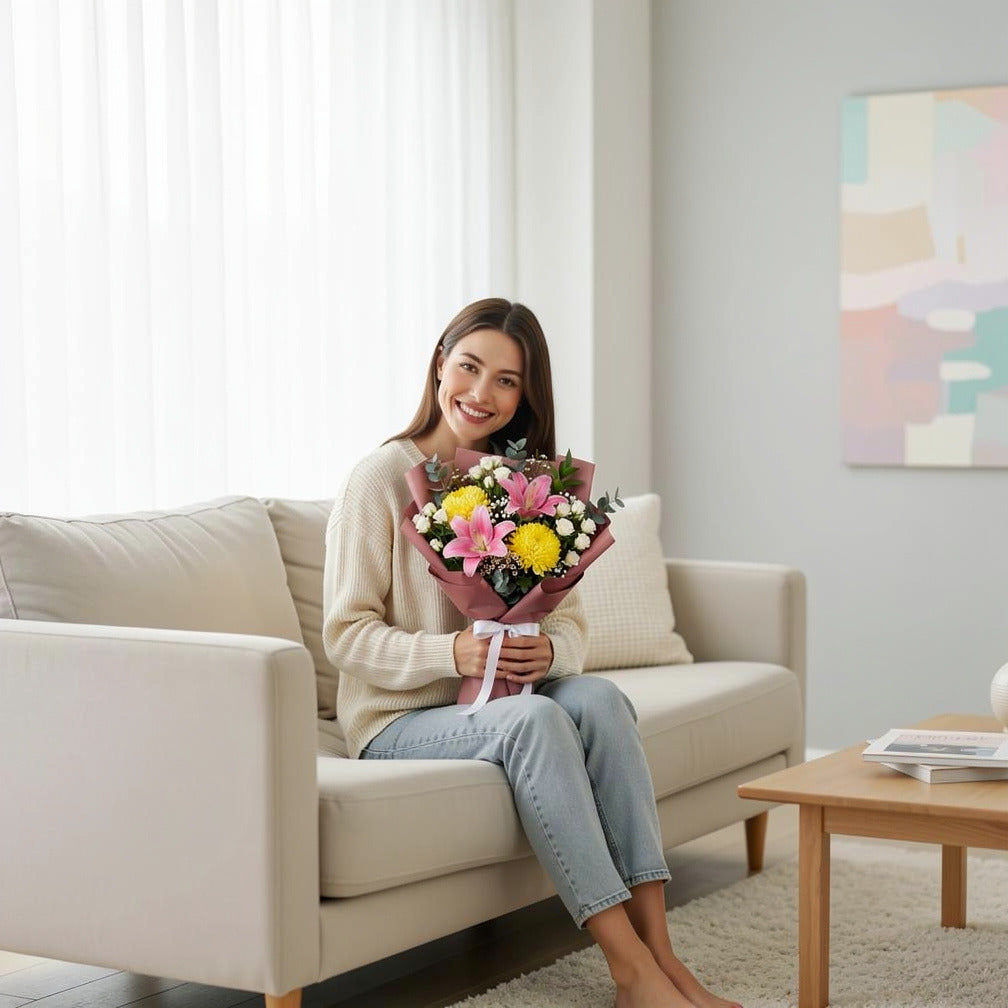 Elegant Pink Lily & Yellow Chrysanthemum Bouquet held by a model, view 3