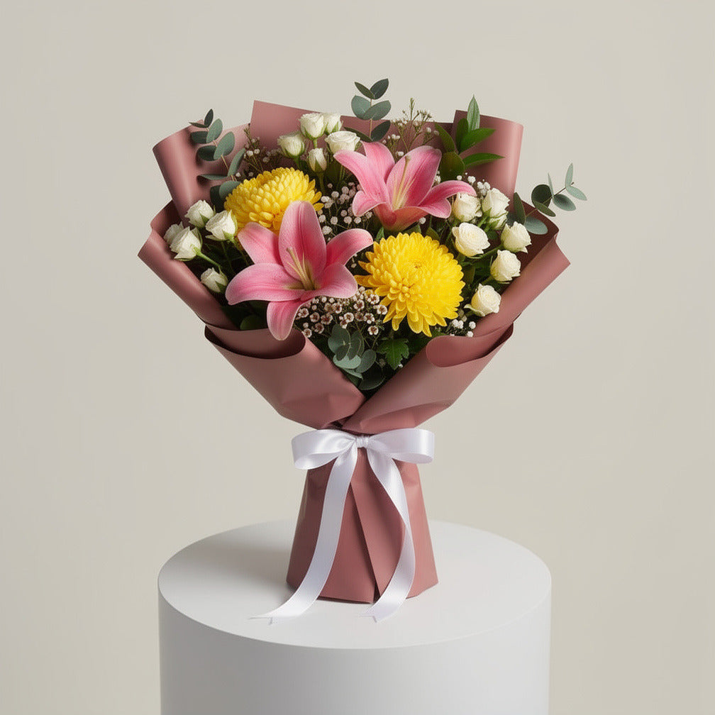 Elegant Pink Lily & Yellow Chrysanthemum Bouquet