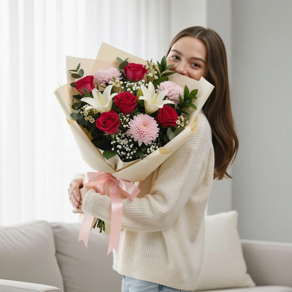 Elegant Pink Rose & White Lily Bouquet held by a model, view 1