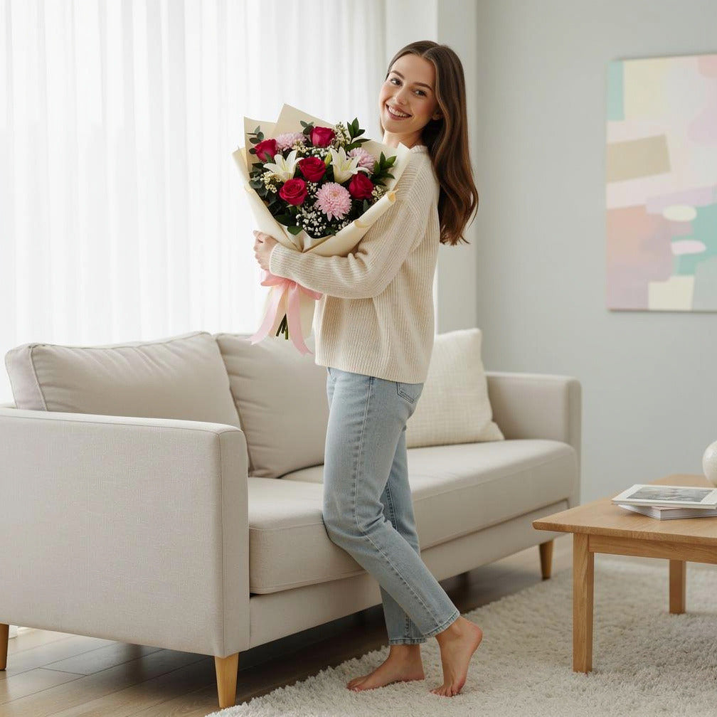 Elegant Pink Rose & White Lily Bouquet held by a model, view 2