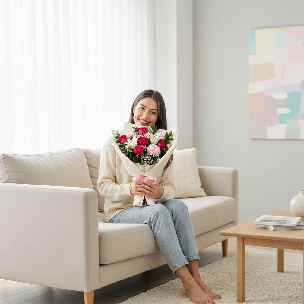 Elegant Pink Rose & White Lily Bouquet held by a model, view 3