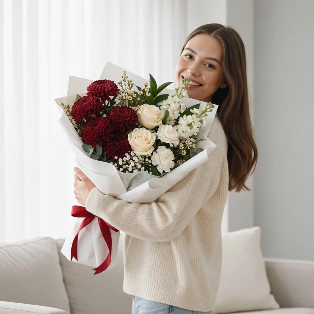 Elegant Red Chrysanthemum & White Flowers Bouquet held by a model, view 1