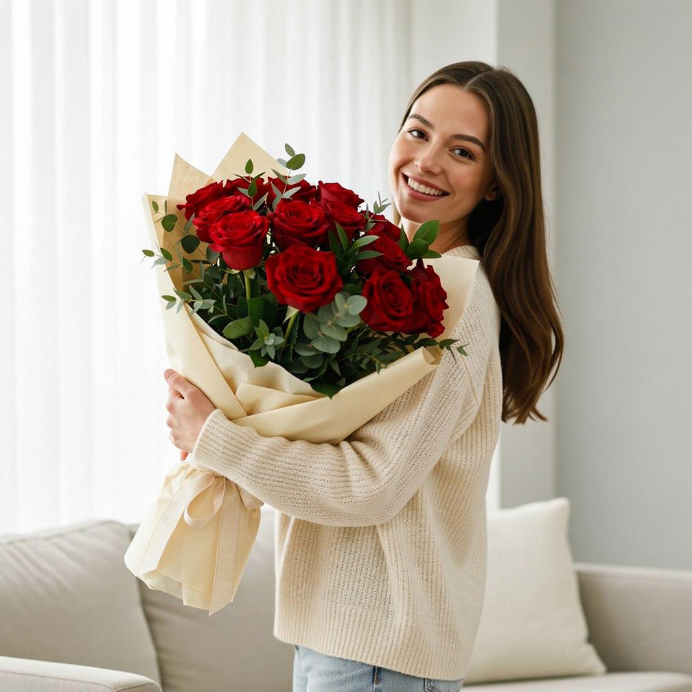 Elegant Red Roses & Balloons Combo held by a model, view 1