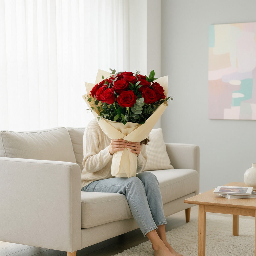 Elegant Red Roses & Balloons Combo held by a model, view 3