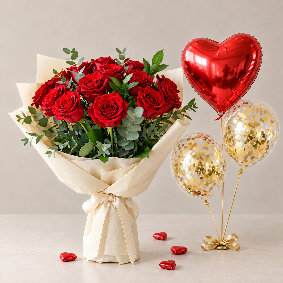 Elegant Red Roses & Balloons Combo