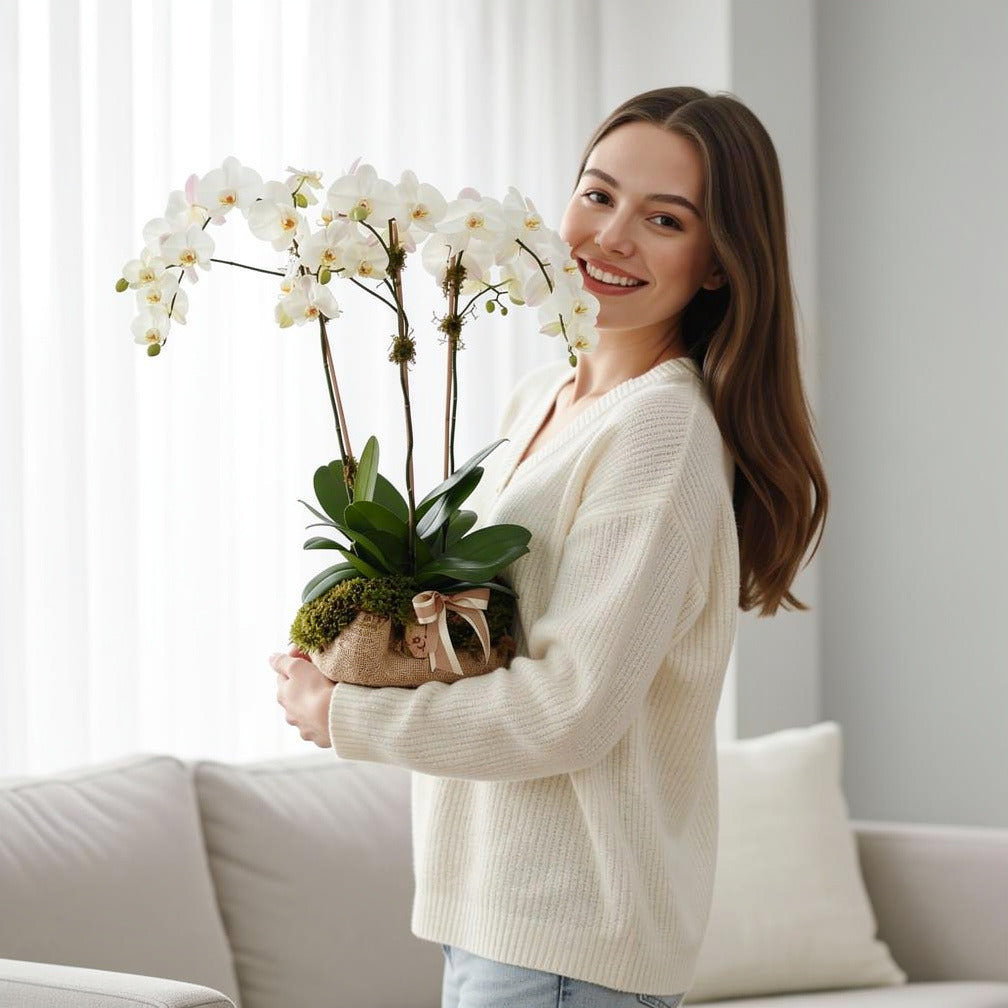 Elegant Trio White Orchids held by a model, view 1