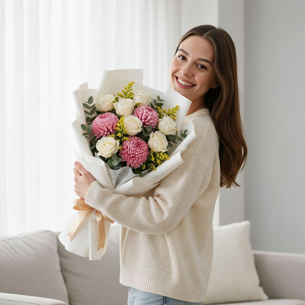 Elegant White Rose & Pink Chrysanthemum Bouquet held by a model, view 1