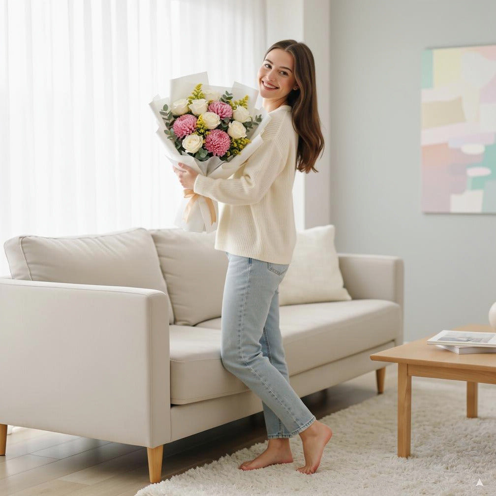 Elegant White Rose & Pink Chrysanthemum Bouquet held by a model, view 2