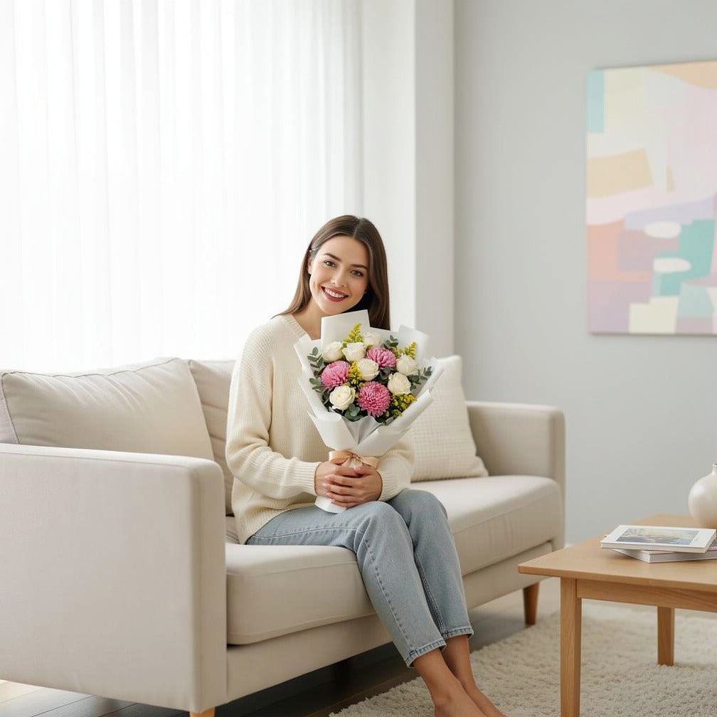 Elegant White Rose & Pink Chrysanthemum Bouquet held by a model, view 3