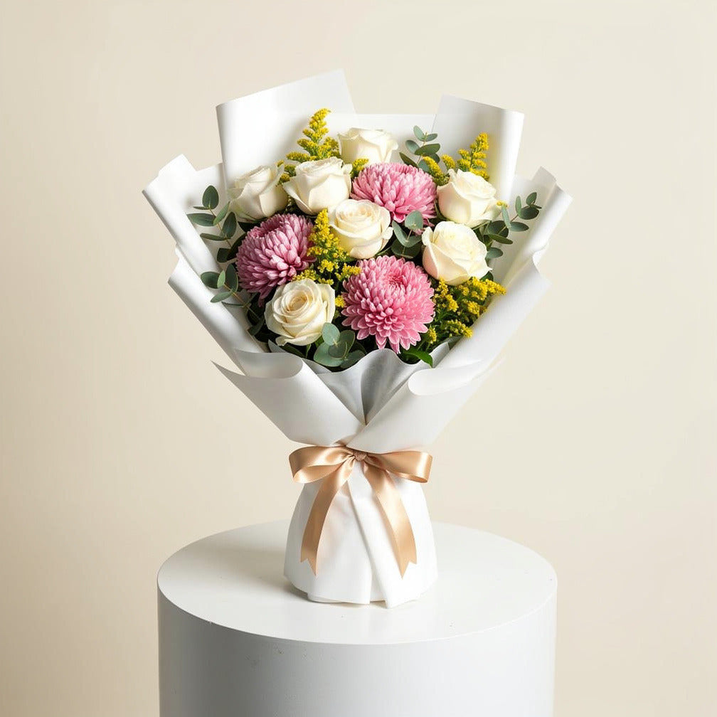 Elegant White Rose & Pink Chrysanthemum Bouquet