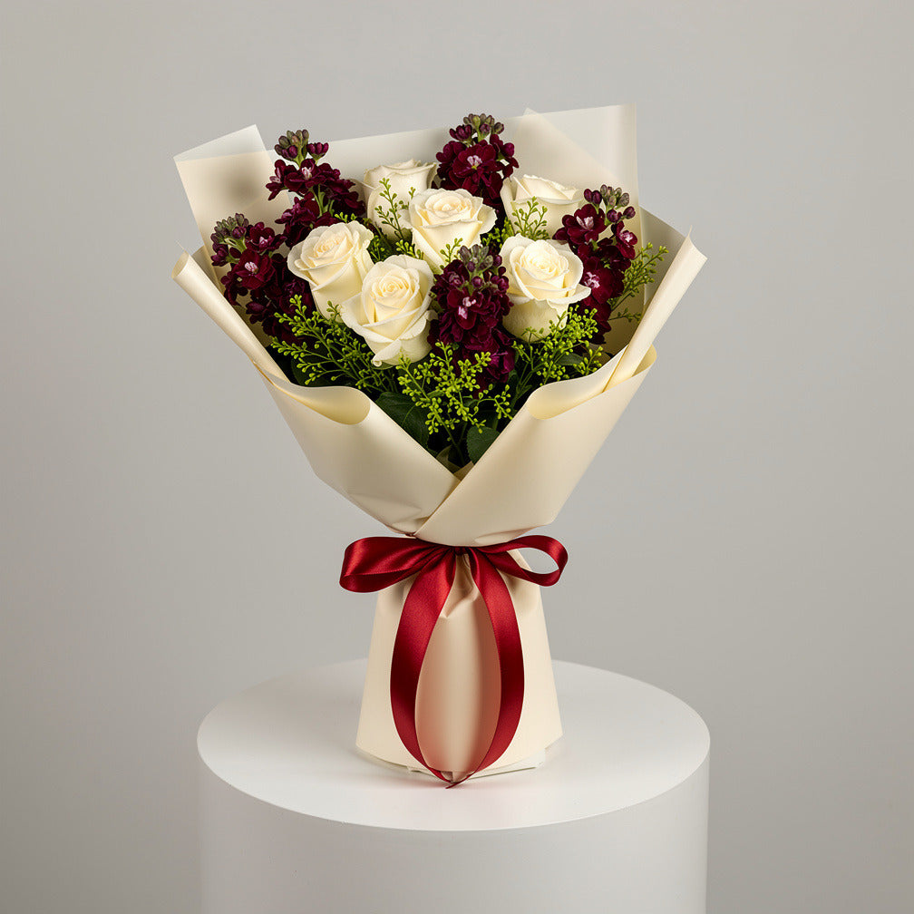 Elegant White Roses & Red Matthiola Bouquet