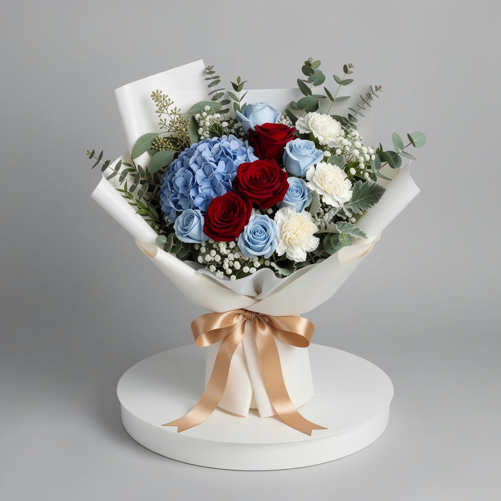 Father’s Day Blue & Red Roses Bouquet with Hydrangea