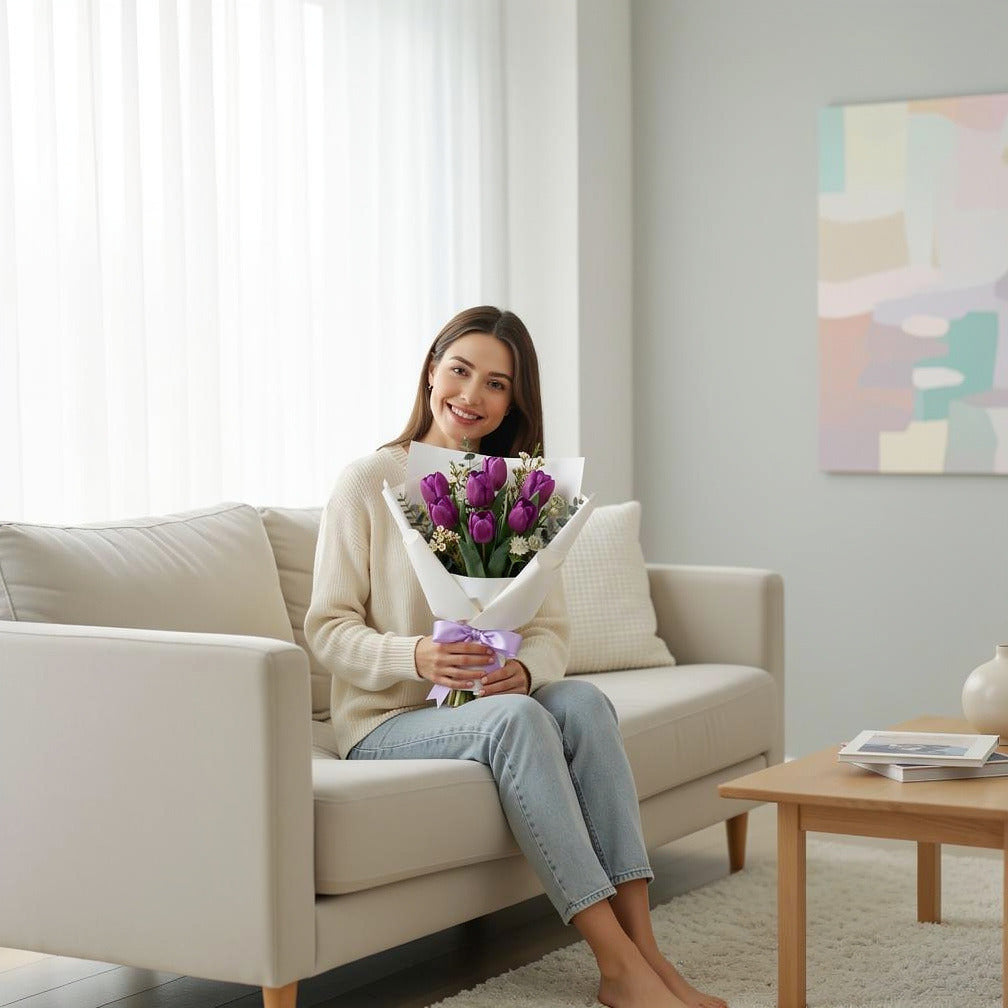 Father’s Day Bouquet of 7 Purple Tulips held by a model, view 3