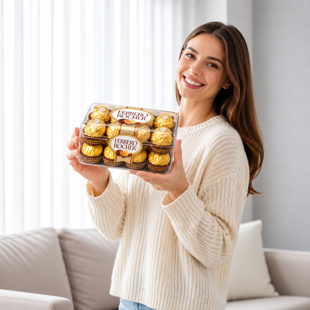 Ferrero Rocher Premium Hazelnut Chocolates held by a model, view 1