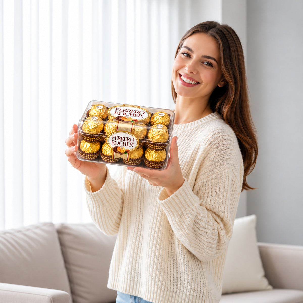 Ferrero Rocher Premium Hazelnut Chocolates held by a model, view 1