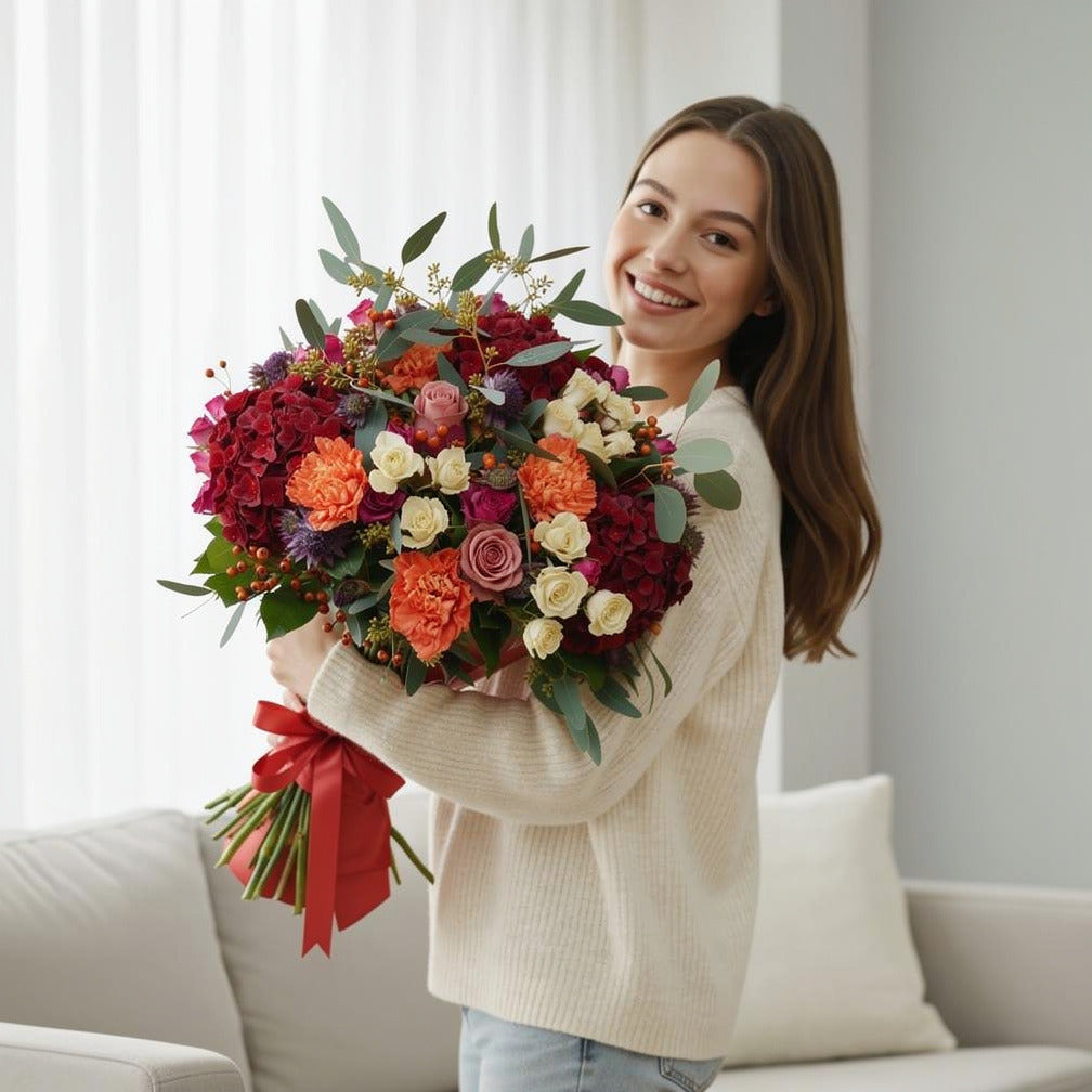 Festive Christmas Vibrant Mixed Flower Bouquet held by a model, view 1