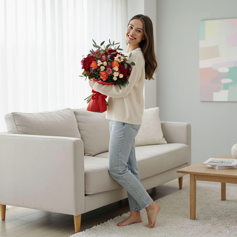 Festive Christmas Vibrant Mixed Flower Bouquet held by a model, view 2