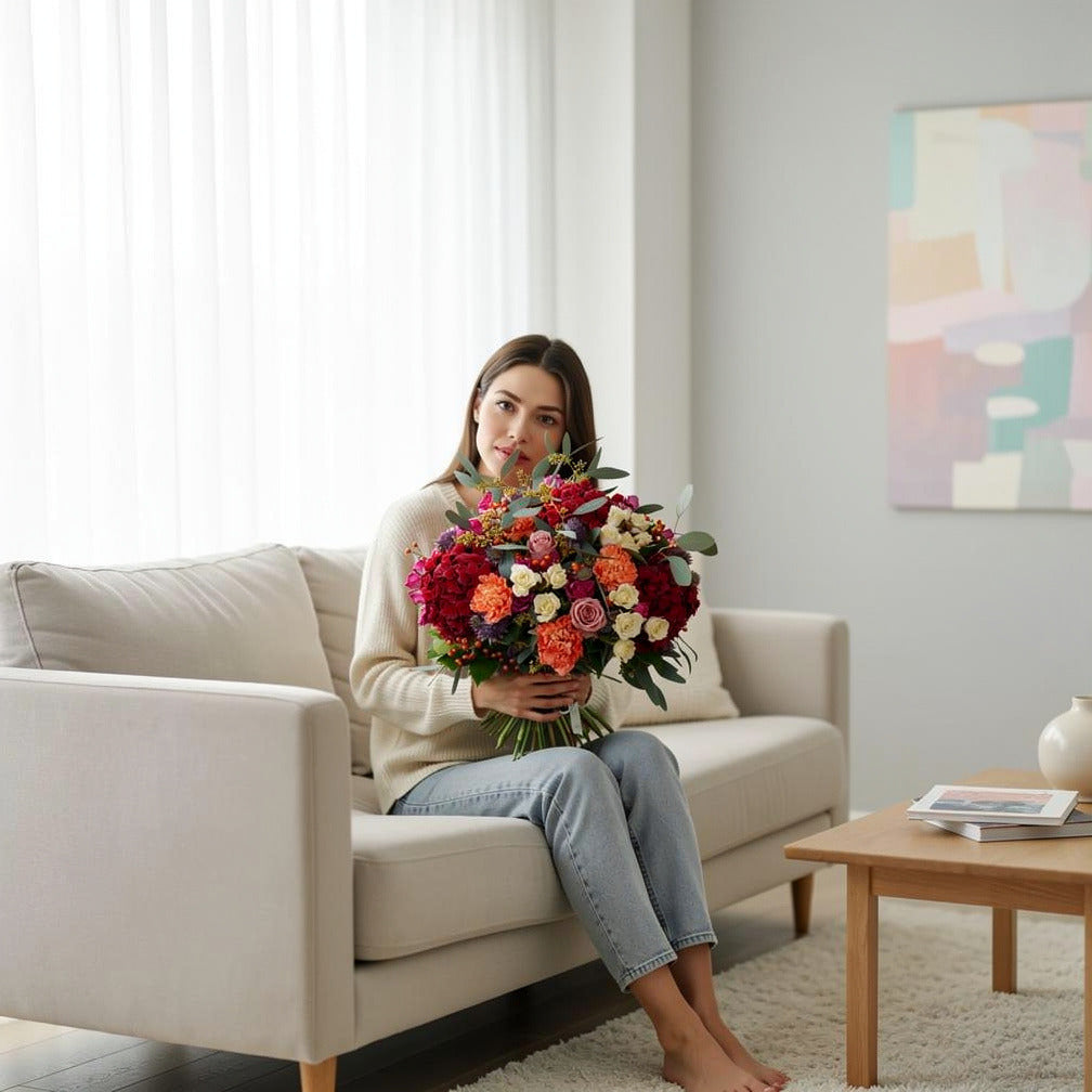 Festive Christmas Vibrant Mixed Flower Bouquet held by a model, view 3