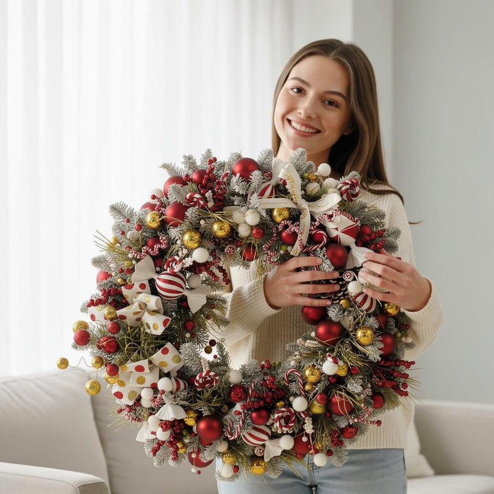 Festive Red & Golden Christmas Wreath held by a model, view 1
