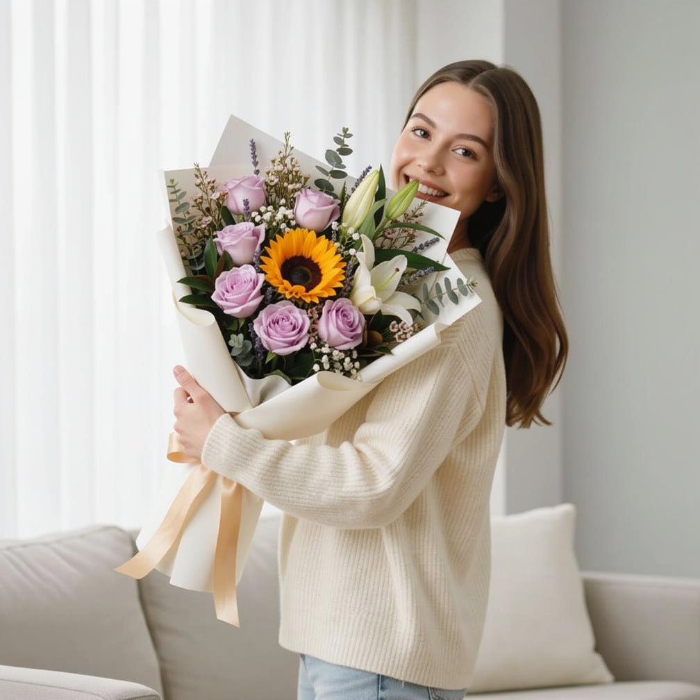 Fresh Purple Roses, White Lilies & Sunflower Bouquet for Father’s Day held by a model, view 1