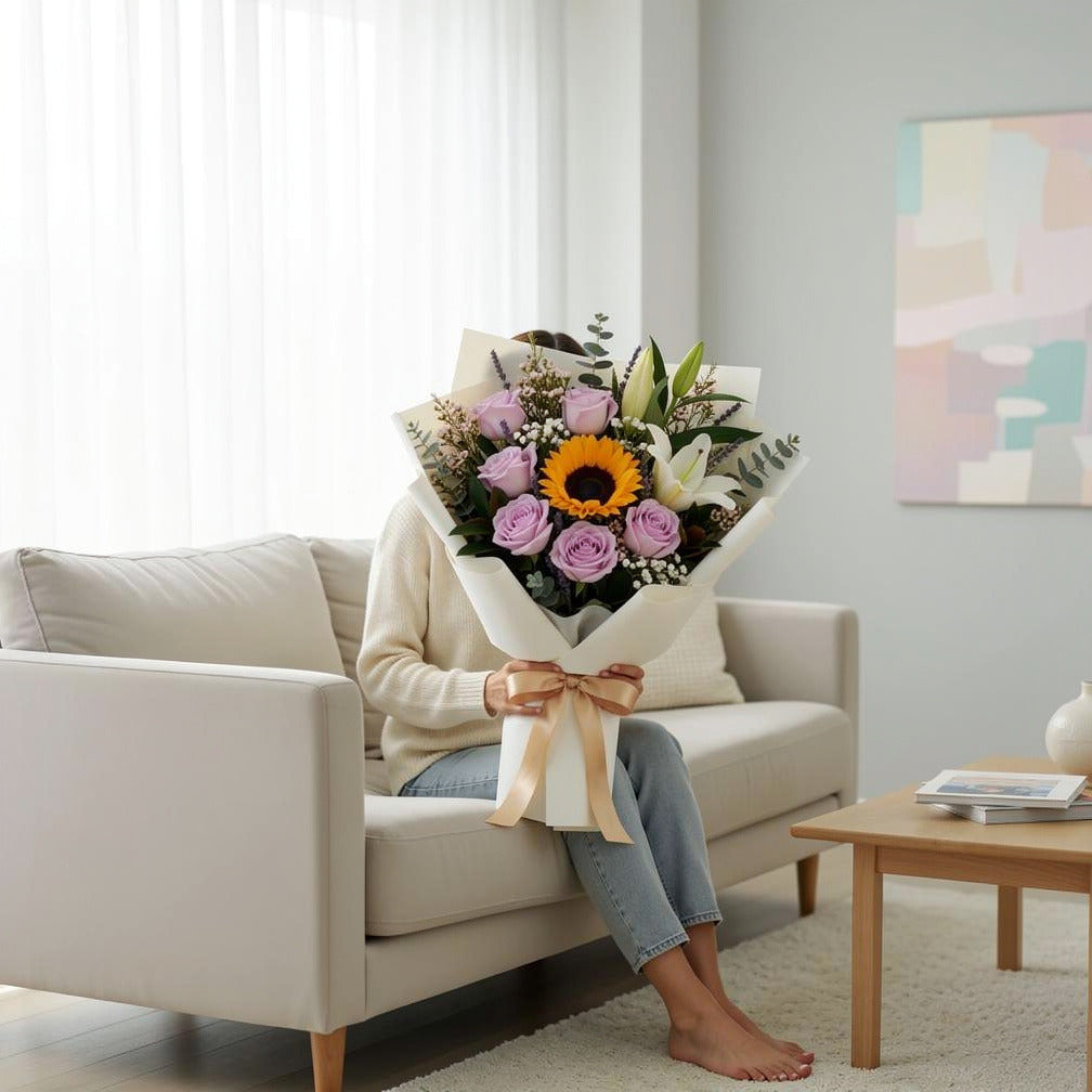 Fresh Purple Roses, White Lilies & Sunflower Bouquet for Father’s Day held by a model, view 3