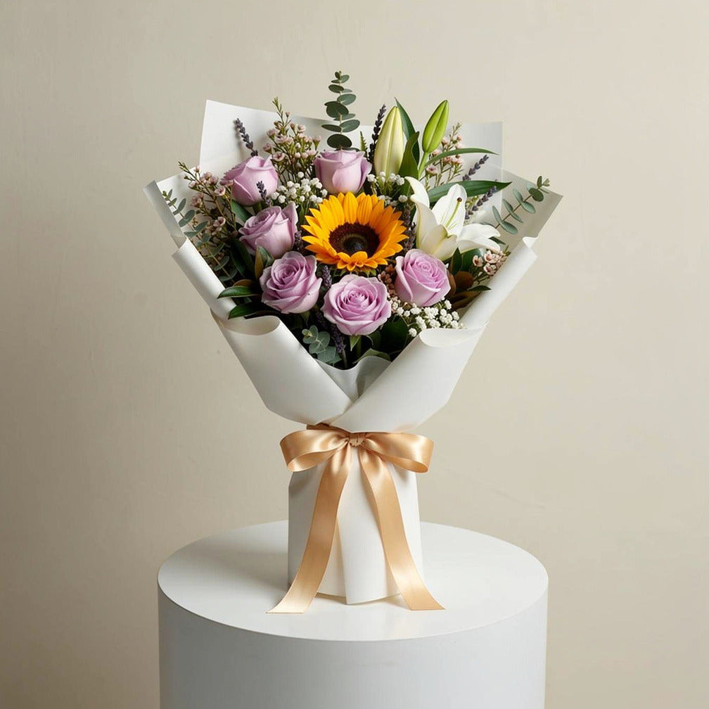 Fresh Purple Roses, White Lilies & Sunflower Bouquet for Father’s Day