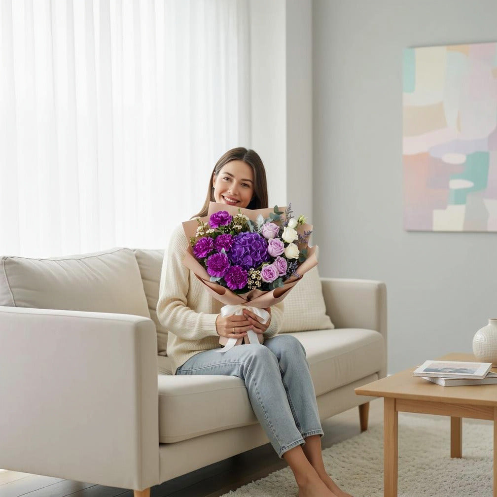 Fresh Purple & White Bouquet with Hydrangea for Father’s Day held by a model, view 3