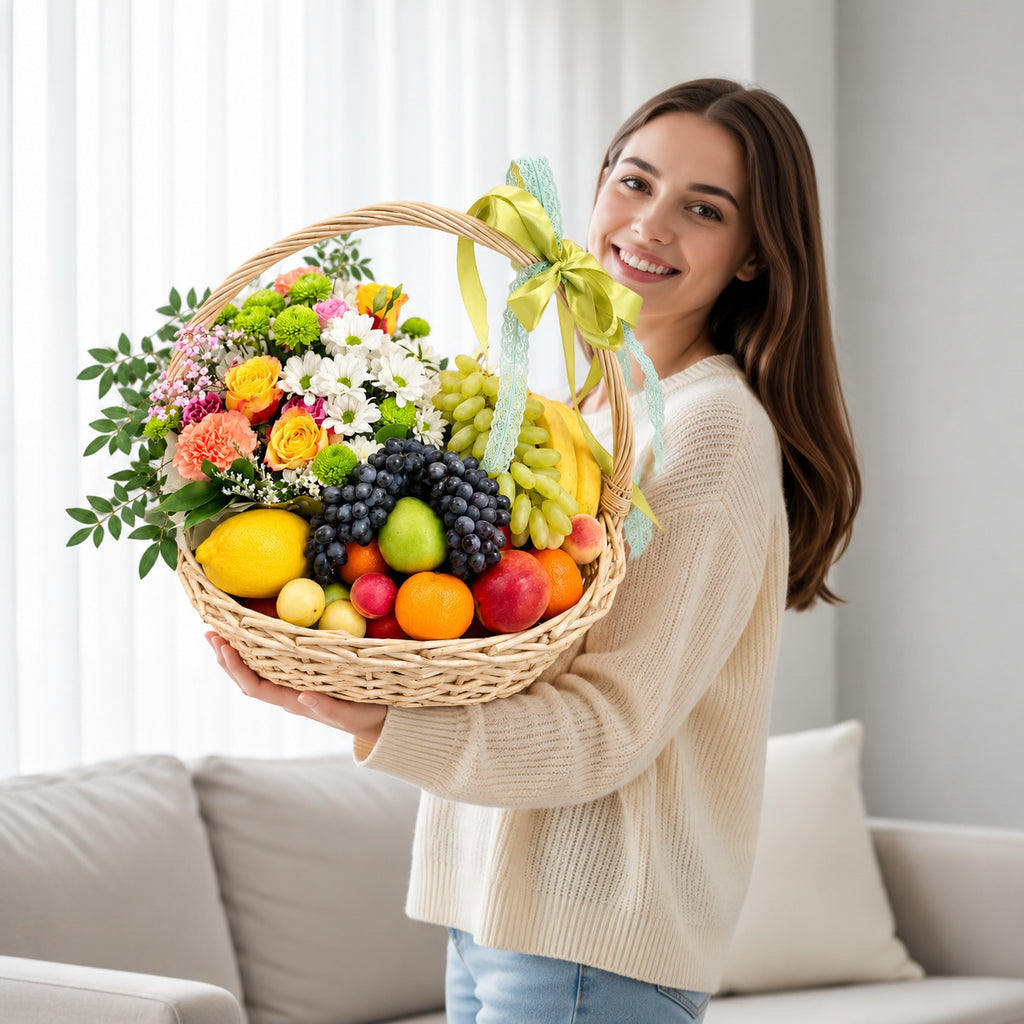 Fresh Seasonal Fruit Basket held by a model, view 1