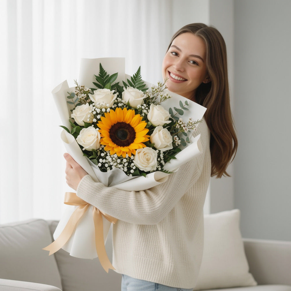 Glowing Eid Bouquet of White Roses & Sunflower held by a model, view 1