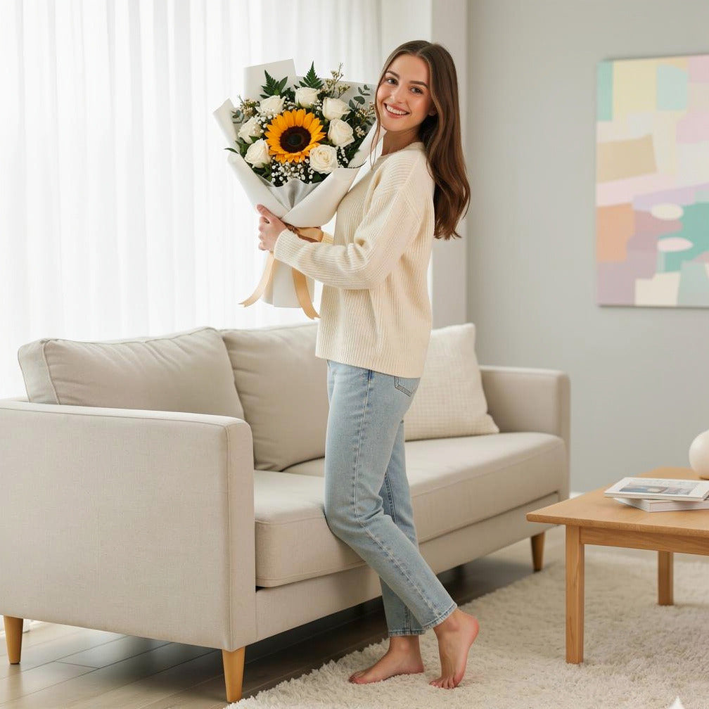 Glowing Eid Bouquet of White Roses & Sunflower held by a model, view 2