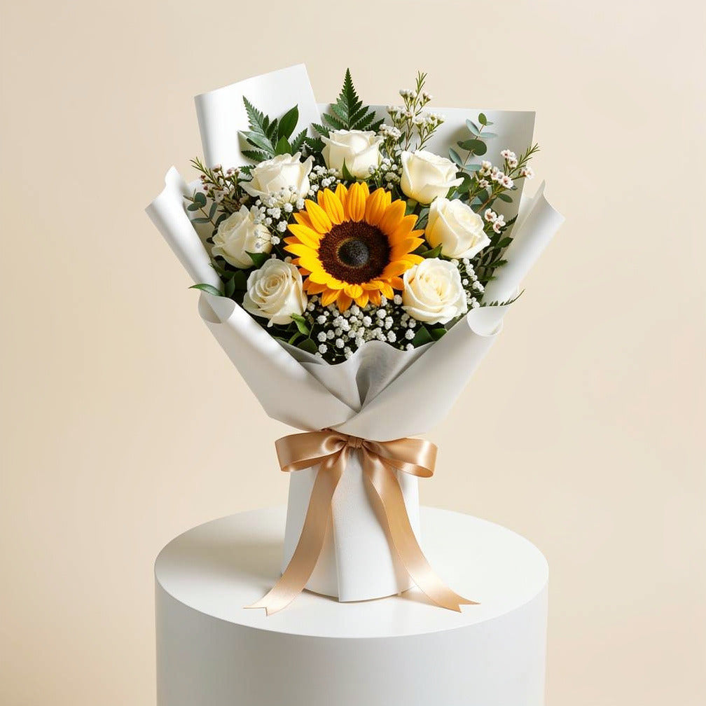 Glowing Eid Bouquet of White Roses & Sunflower