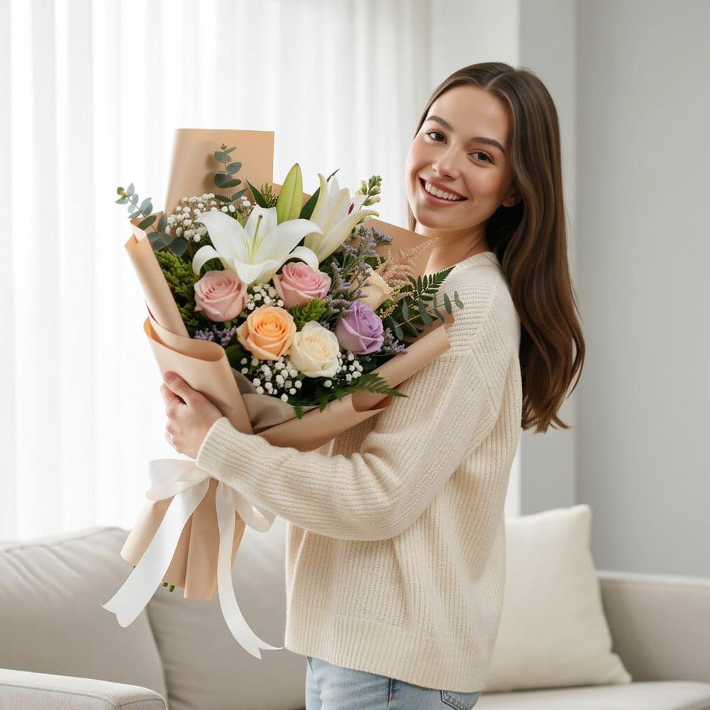 Grace Bouquet of Lilies & Mixed Roses held by a model, view 1