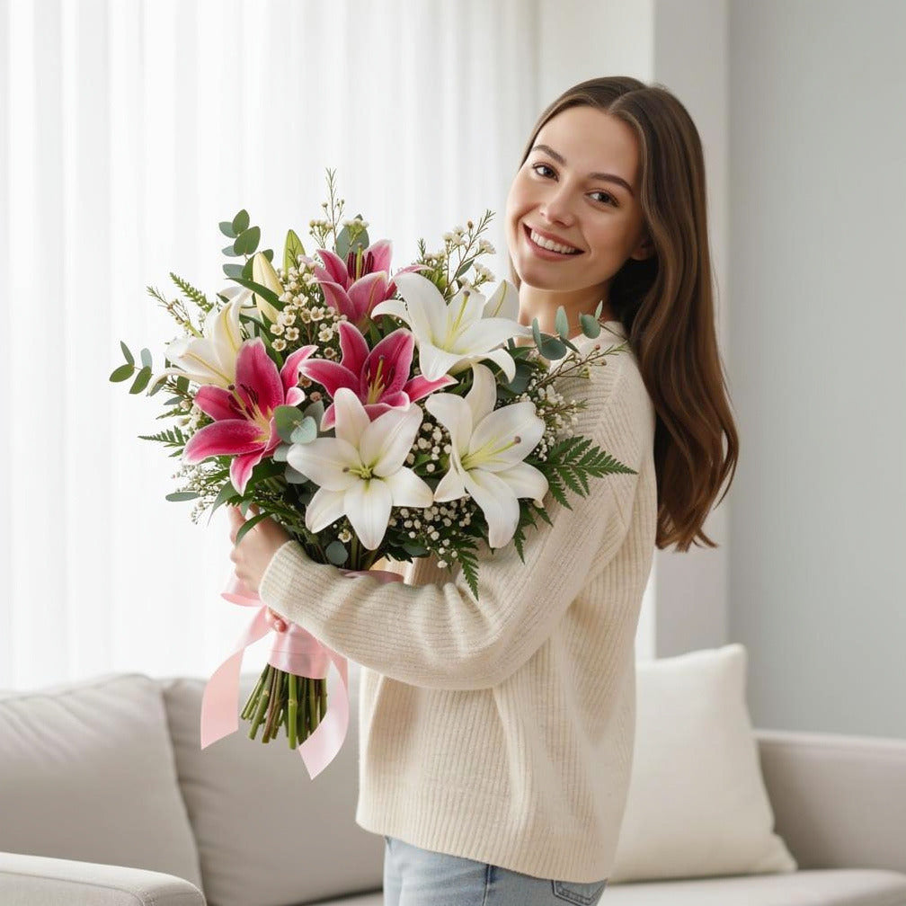 Graceful Bridal Bouquet of Pink & White Lilies held by a model, view 1