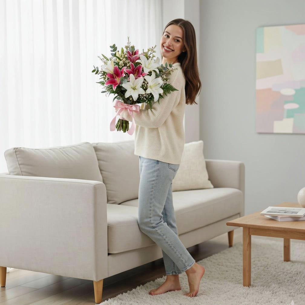 Graceful Bridal Bouquet of Pink & White Lilies held by a model, view 2