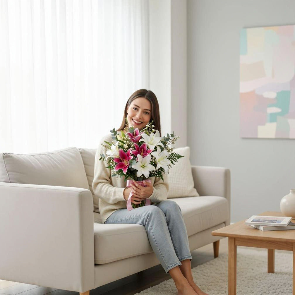Graceful Bridal Bouquet of Pink & White Lilies held by a model, view 3