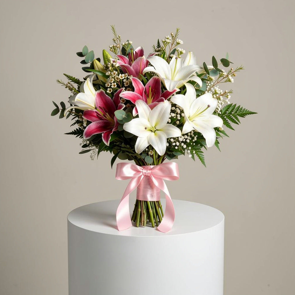 Graceful Bridal Bouquet of Pink & White Lilies