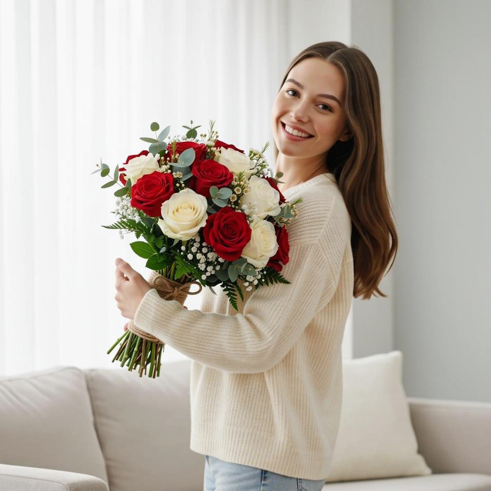 Graceful Bridal Bouquet of White & Red Roses held by a model, view 1