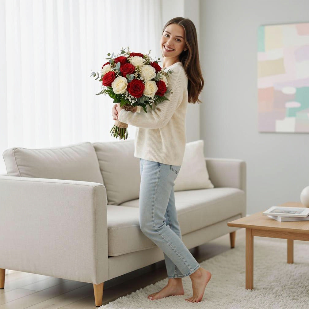 Graceful Bridal Bouquet of White & Red Roses held by a model, view 2