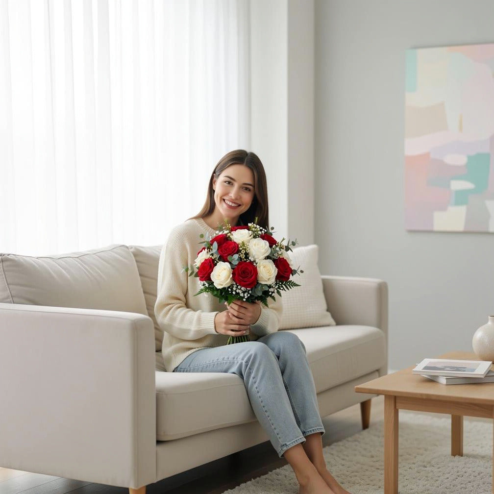 Graceful Bridal Bouquet of White & Red Roses held by a model, view 3