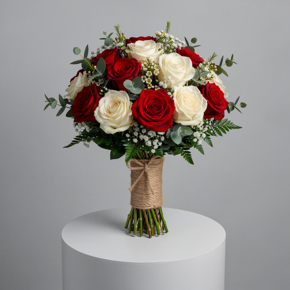 Graceful Bridal Bouquet of White & Red Roses