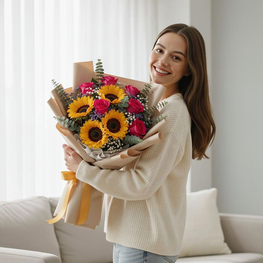 Graduation Roses & Sunflowers Bouquet held by a model, view 1